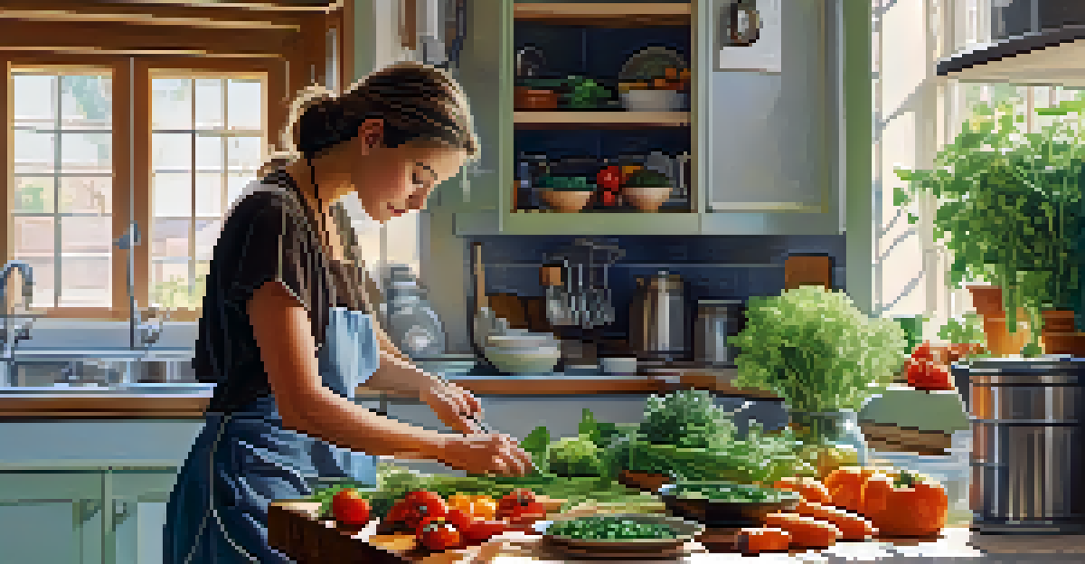 A person chopping vegetables in a bright kitchen, surrounded by fresh produce and potted herbs, creating a raw food dish.