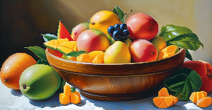 A colorful fruit salad made with tropical fruits like mango, papaya, and guava, presented in a wooden bowl on a white tablecloth.