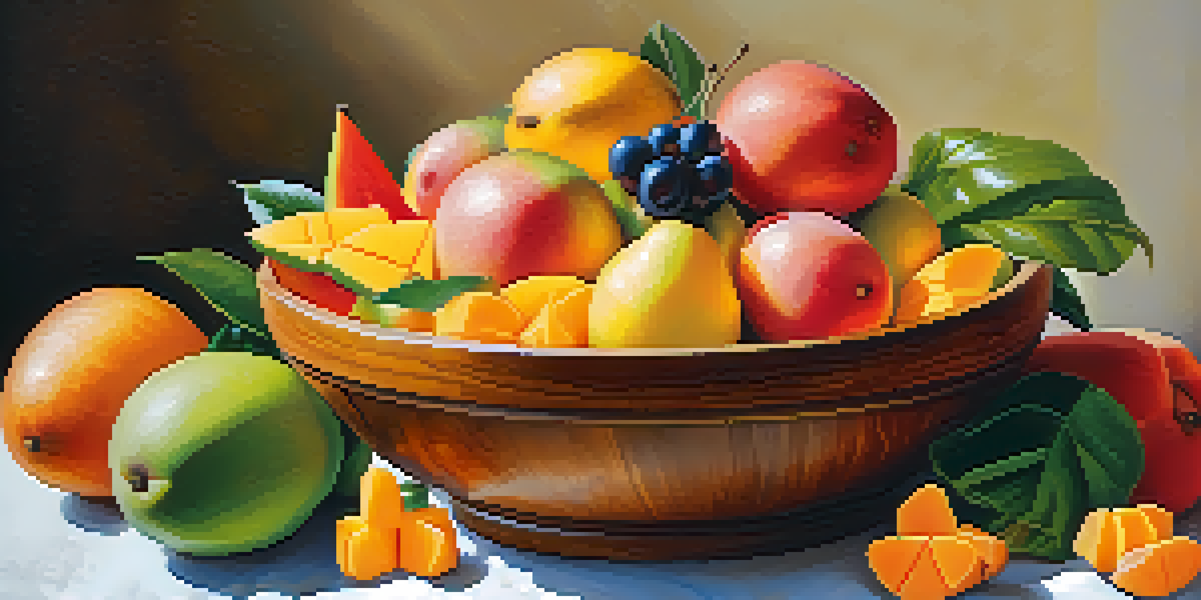 A colorful fruit salad made with tropical fruits like mango, papaya, and guava, presented in a wooden bowl on a white tablecloth.