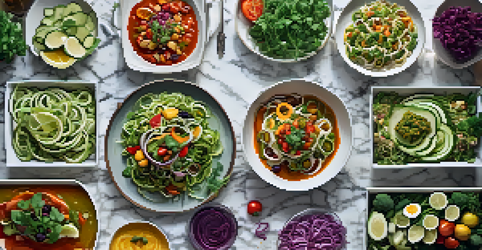 An arrangement of various raw vegan dishes on a marble countertop, showcasing diverse ingredients and vibrant colors.