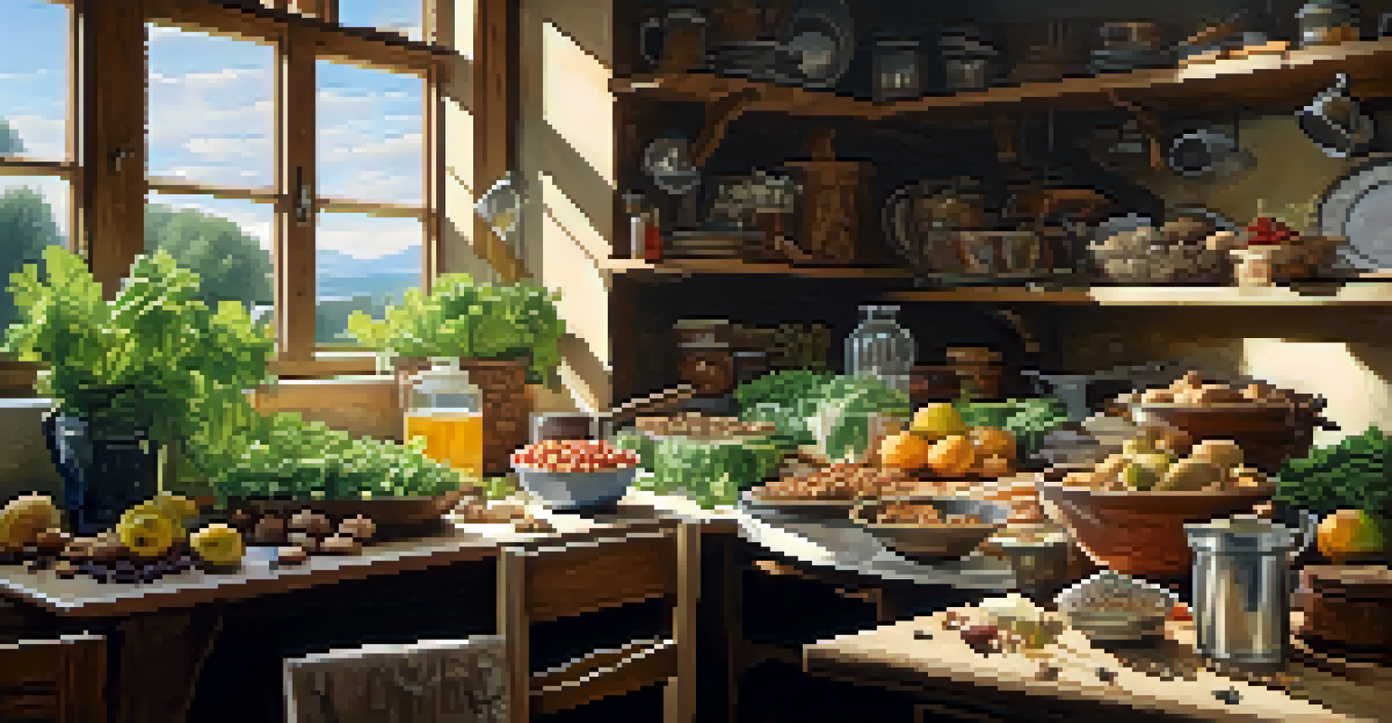 A rustic kitchen table filled with raw ingredients like leafy greens, nuts, and seeds, illuminated by natural light from a window.