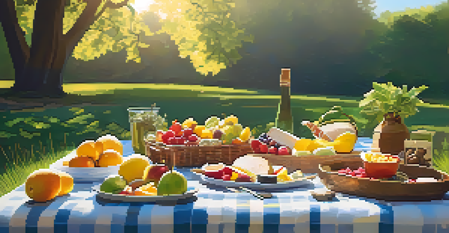 A picnic blanket with a variety of raw foods and fruits in a serene outdoor setting during golden hour.