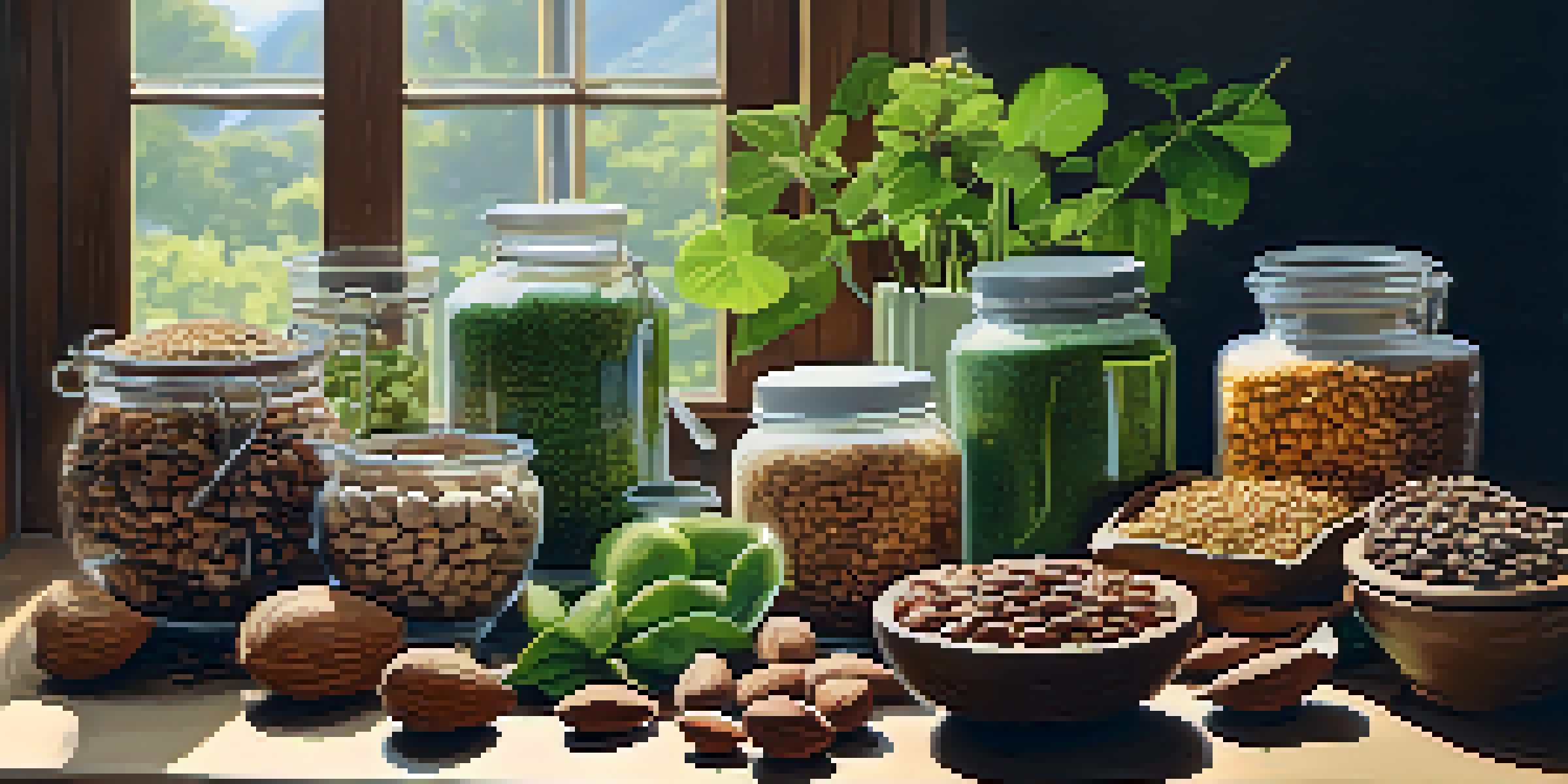 A colorful arrangement of nuts, seeds, and legumes on a wooden table, illuminated by sunlight.