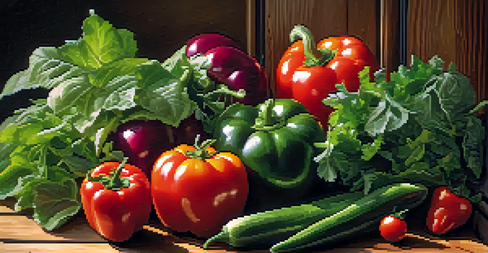 A colorful display of fresh raw vegetables on a wooden table, illuminated by sunlight.