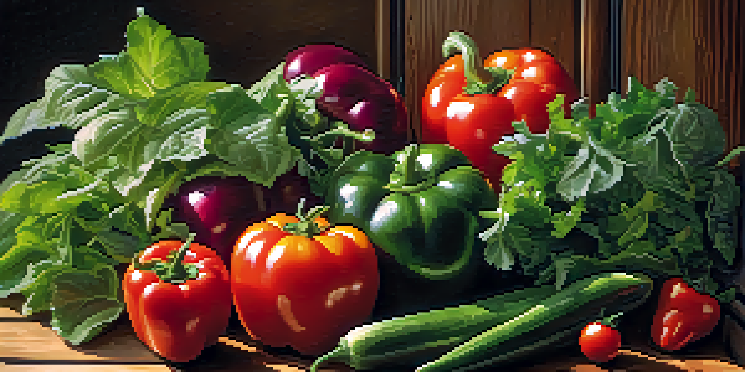 A colorful display of fresh raw vegetables on a wooden table, illuminated by sunlight.
