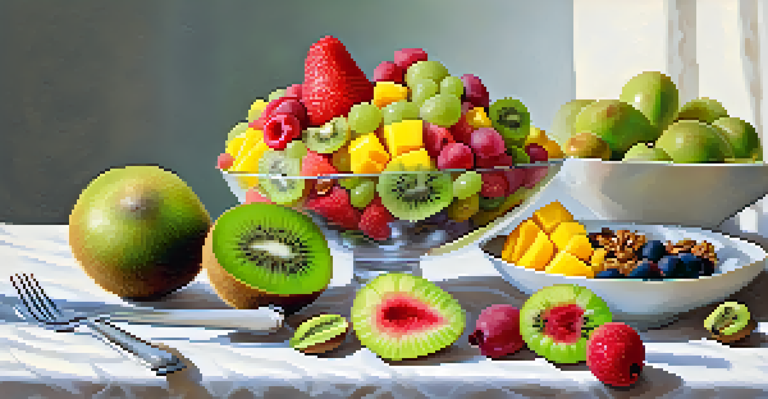A refreshing fruit salad with kiwi, watermelon, mango, and walnuts, displayed in a bowl.