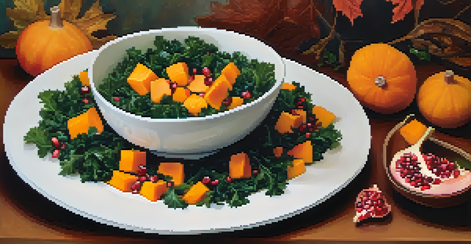 A harvest bowl with roasted butternut squash, kale, and pomegranate seeds, surrounded by autumn leaves and warm lighting.