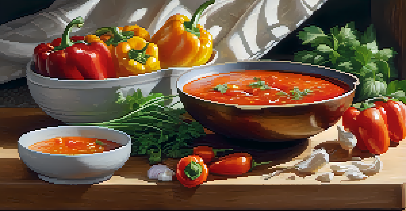 A cutting board showcasing raw vegetables like bell peppers and carrots next to a steaming bowl of vegetable soup, illuminated by warm light.