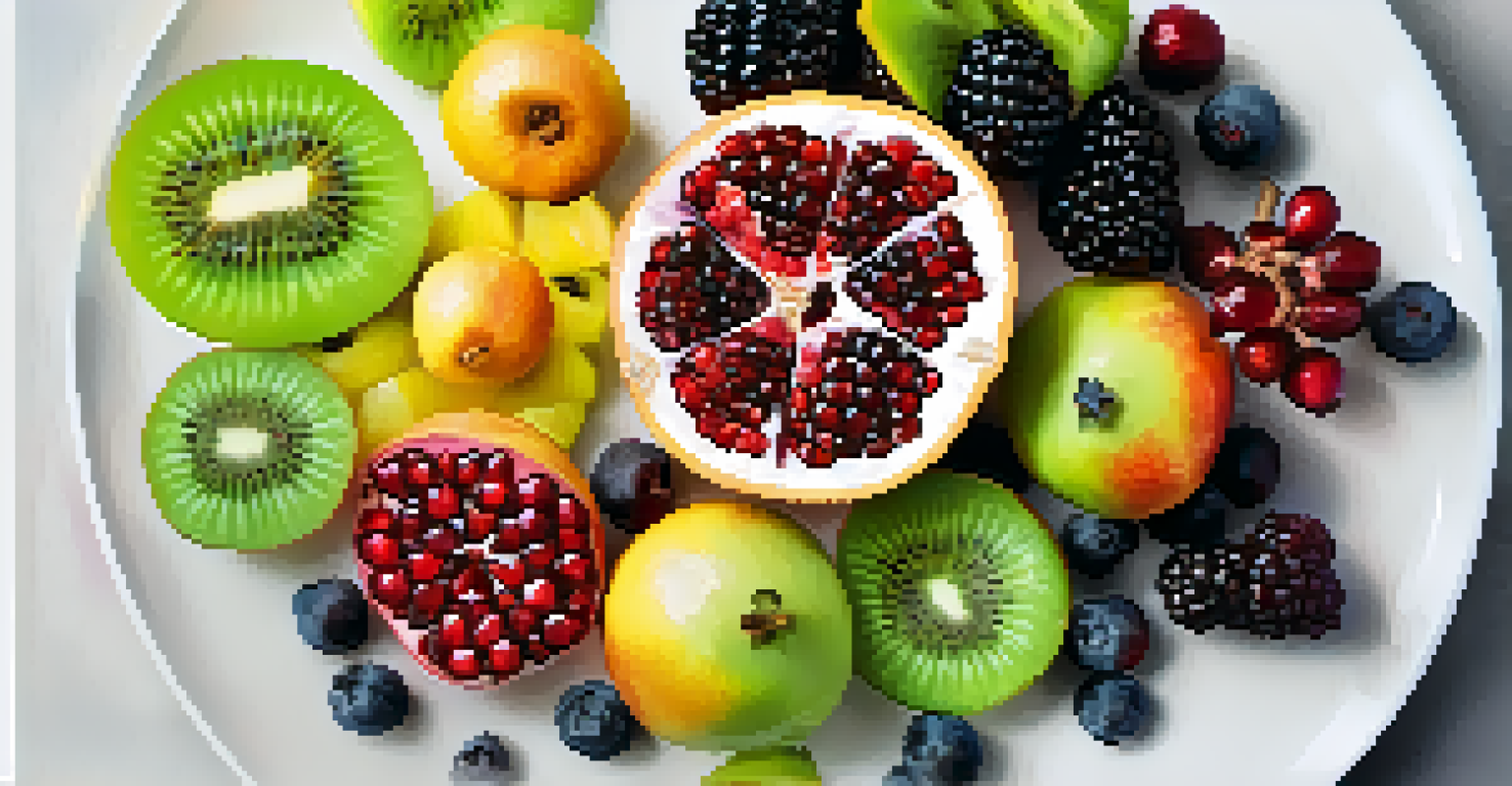 An overhead view of a vibrant fruit platter with various raw fruits on a white plate.