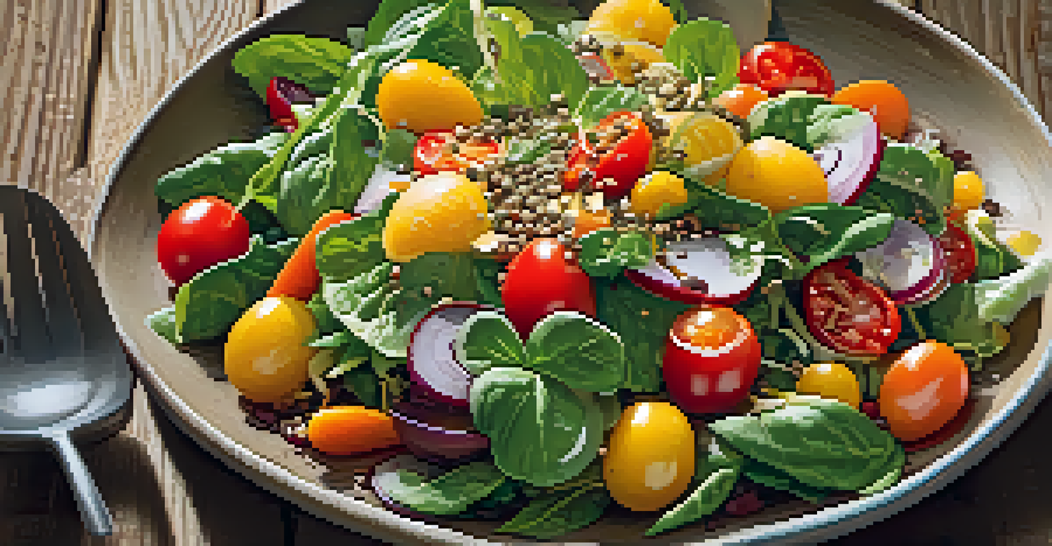 A colorful raw food salad with cherry tomatoes, spinach, and carrots, topped with seeds and lemon dressing, on a wooden table with sunlight.