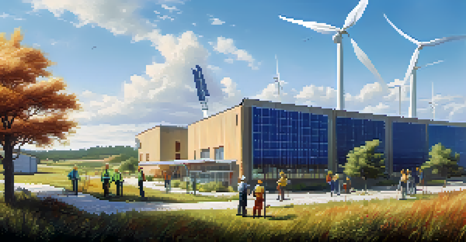 A sustainable factory set in a natural landscape, featuring solar panels and wind turbines, with workers discussing outside.