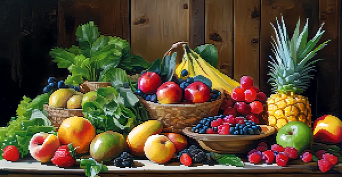 A colorful arrangement of fresh fruits and vegetables on a wooden table, including leafy greens, berries, and tropical fruits, with bowls of nuts and seeds.
