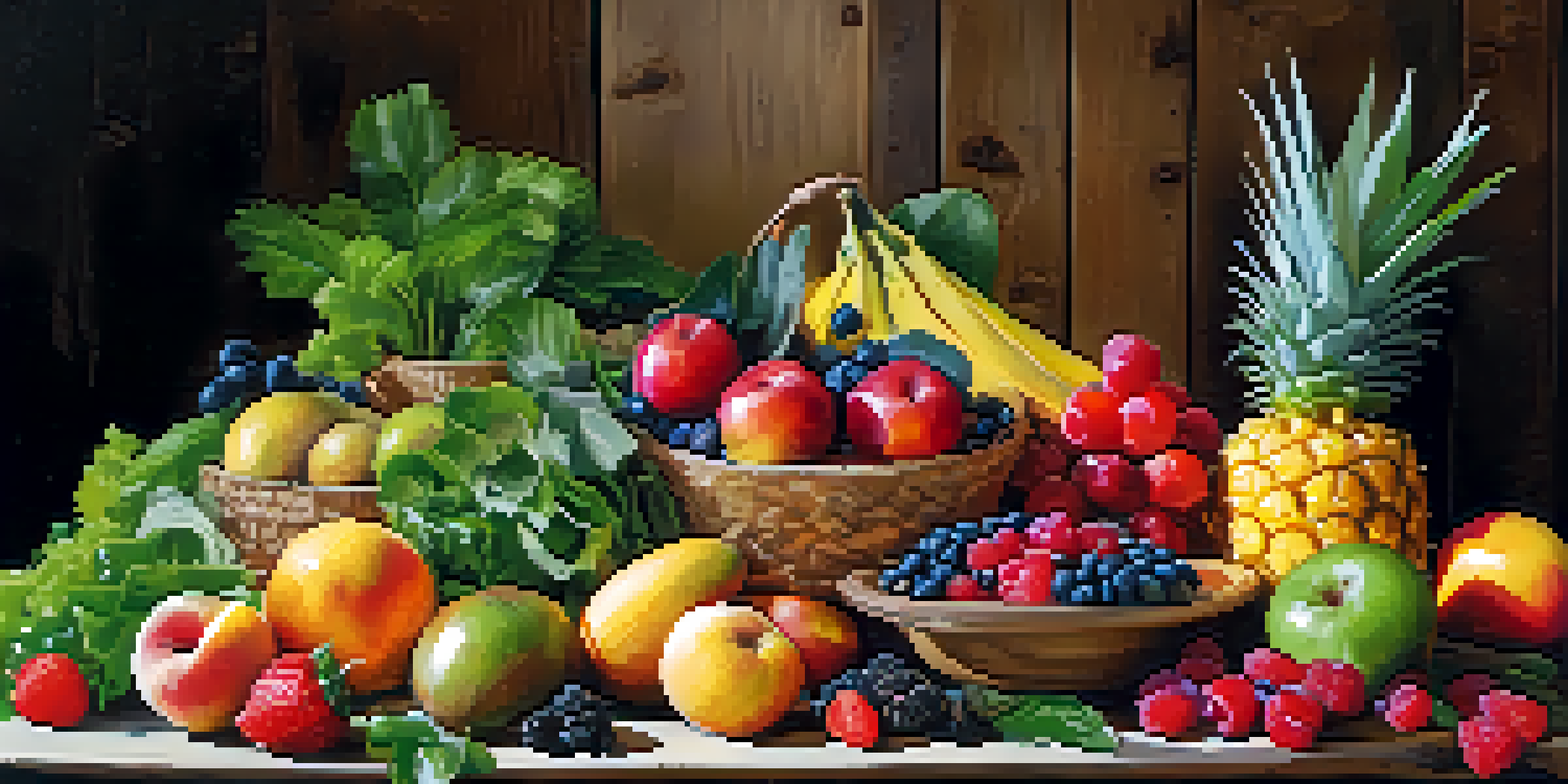 A colorful arrangement of fresh fruits and vegetables on a wooden table, including leafy greens, berries, and tropical fruits, with bowls of nuts and seeds.