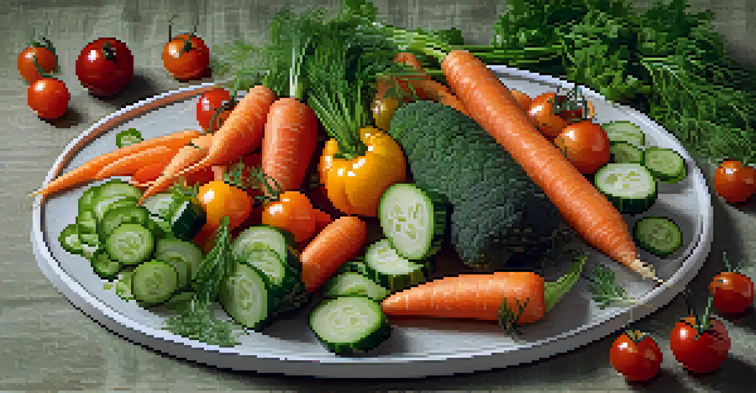 An overhead shot of a colorful raw vegetable platter with carrots, cucumbers, and tomatoes, garnished with herbs.