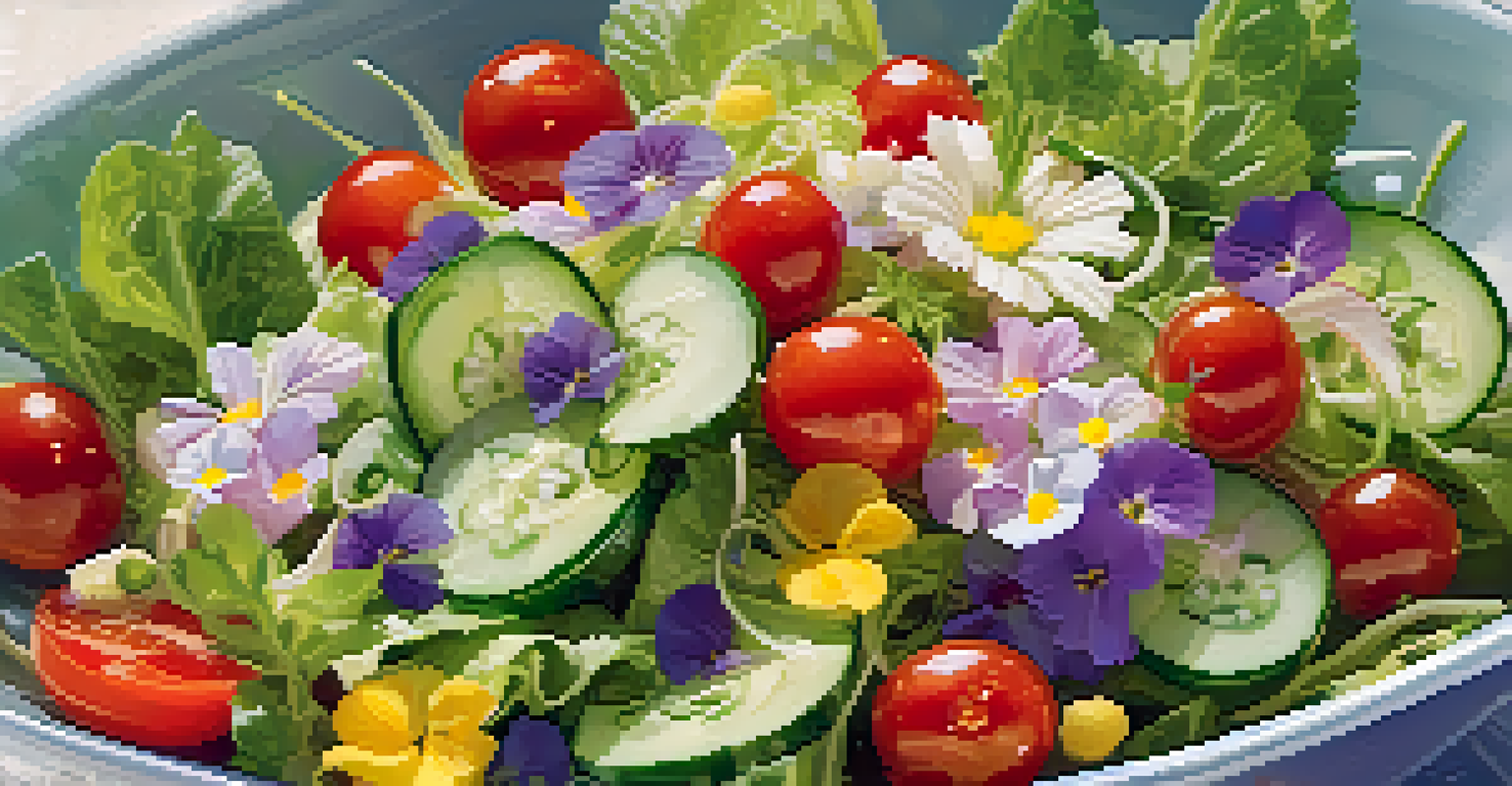 A close-up of a colorful raw salad with greens, cherry tomatoes, and edible flowers, drizzled with vinaigrette.