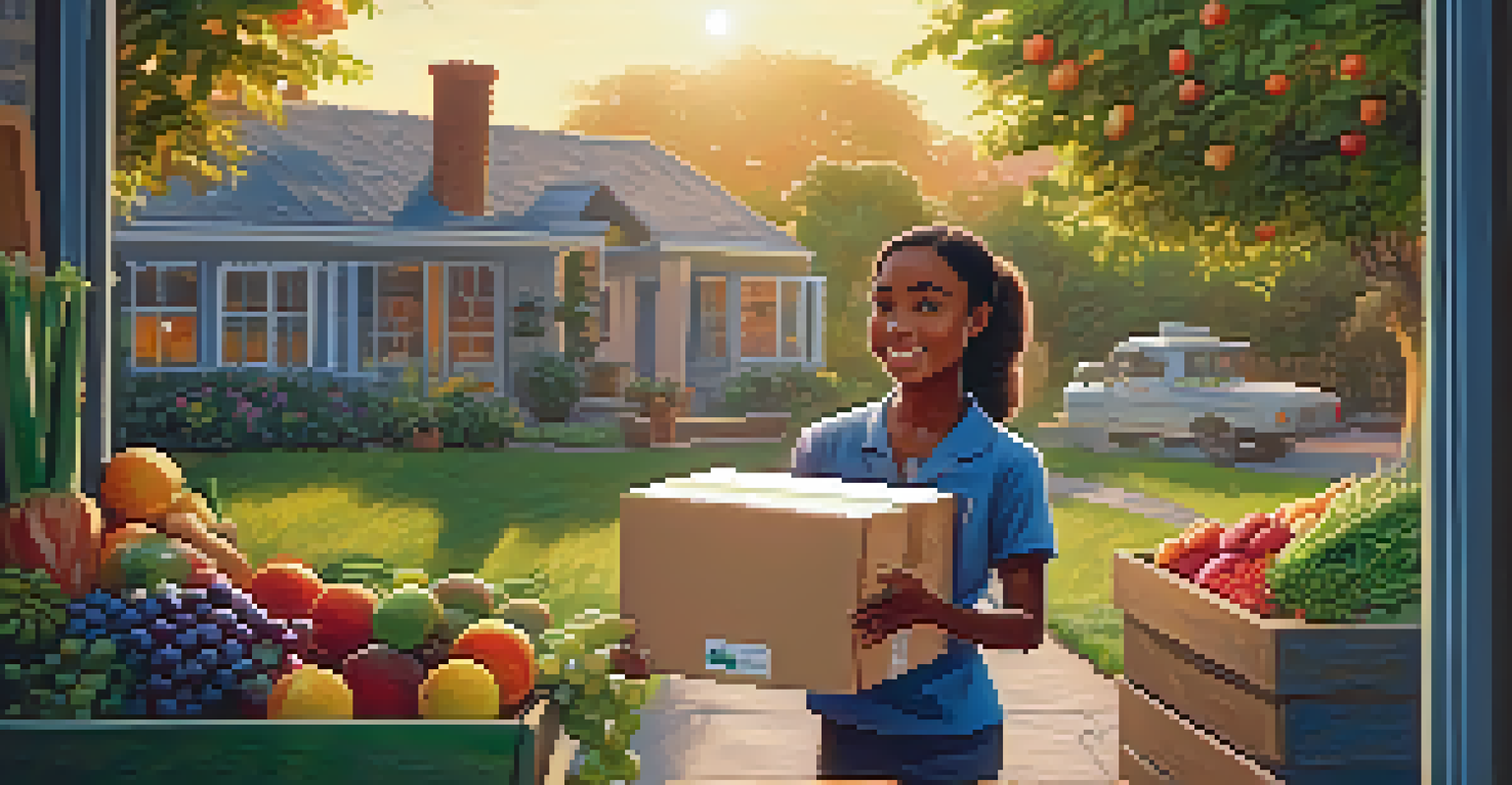 A delivery person handing a box of fresh food ingredients at a home doorstep with a garden in the background.