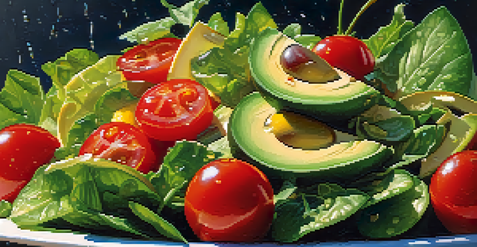 A colorful raw food salad made with leafy greens, cucumbers, cherry tomatoes, and avocados, illuminated by sunlight, showcasing the freshness and textures of the ingredients.