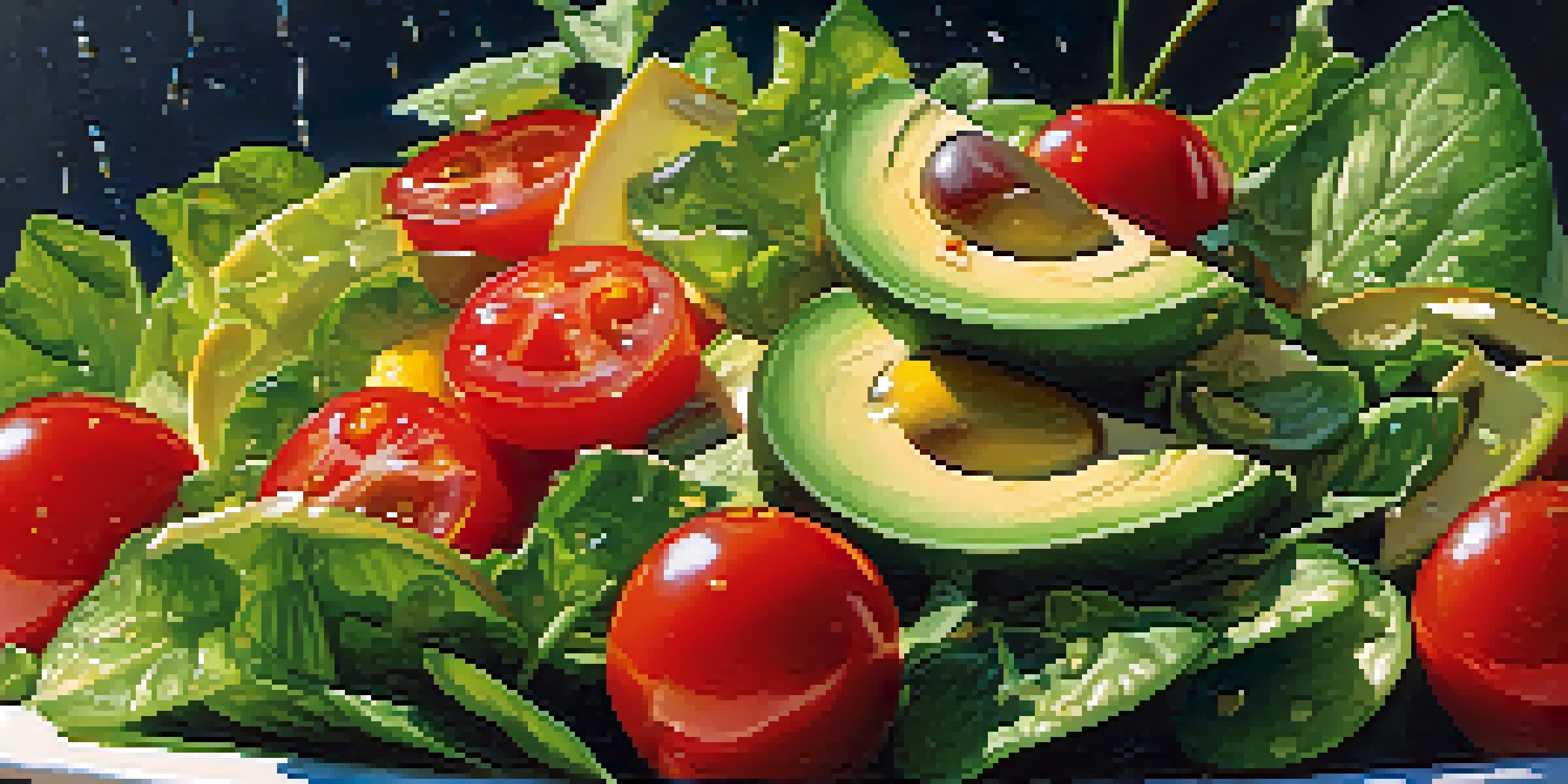 A colorful raw food salad made with leafy greens, cucumbers, cherry tomatoes, and avocados, illuminated by sunlight, showcasing the freshness and textures of the ingredients.