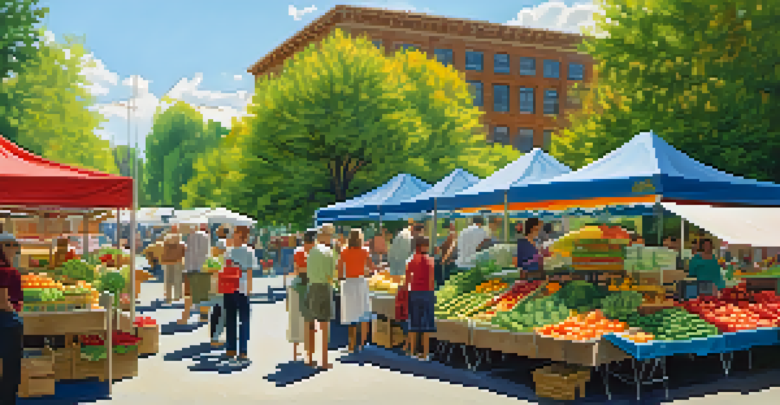 A farmer's market with stalls of fresh produce and shoppers selecting fruits and vegetables under sunny skies.