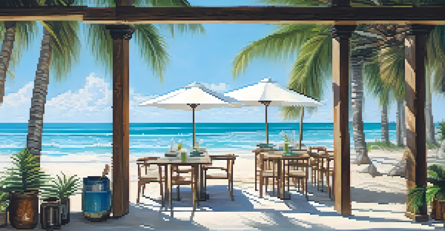 A beachside cafe table with fresh raw food dishes and coconut water, surrounded by palm trees and ocean waves in the background.