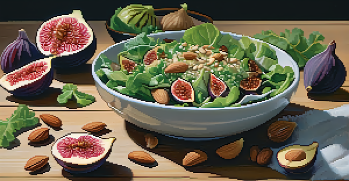 A colorful salad with leafy greens, sliced figs, nuts, and seeds, presented on a wooden table with soft lighting and an almond milk smoothie in the background.