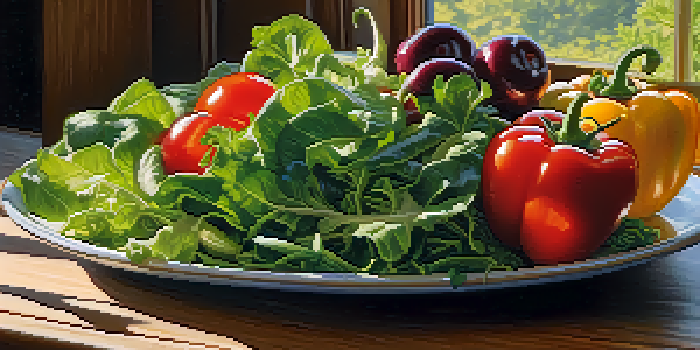 A colorful salad featuring fresh raw vegetables like leafy greens, cherry tomatoes, and bell peppers on a wooden table with sunlight casting soft shadows.