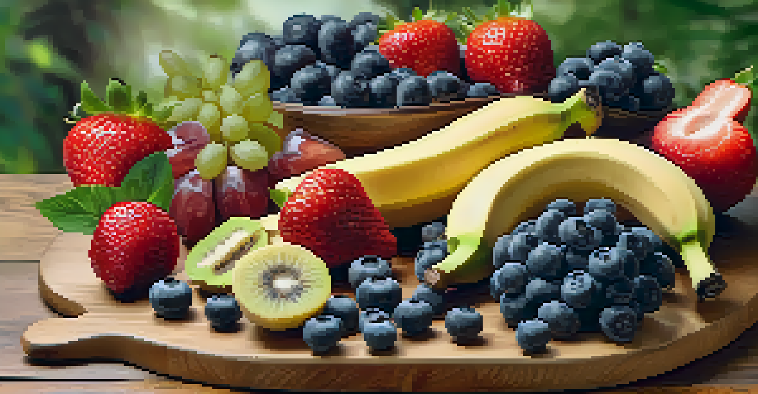 An artistic display of fresh raw fruits on a wooden cutting board, featuring blueberries, strawberries, and bananas with a green background.