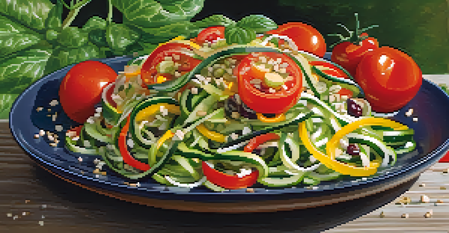A beautifully arranged zucchini noodle salad on a rustic plate, featuring colorful vegetables and sesame seeds, with green foliage in the background.