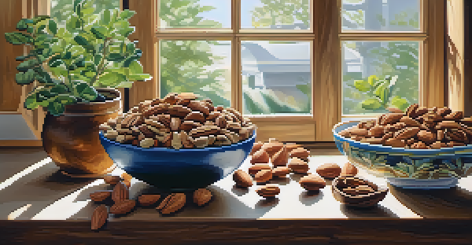 A kitchen countertop with various raw nuts in decorative bowls, illuminated by soft natural light, and a small potted plant nearby.