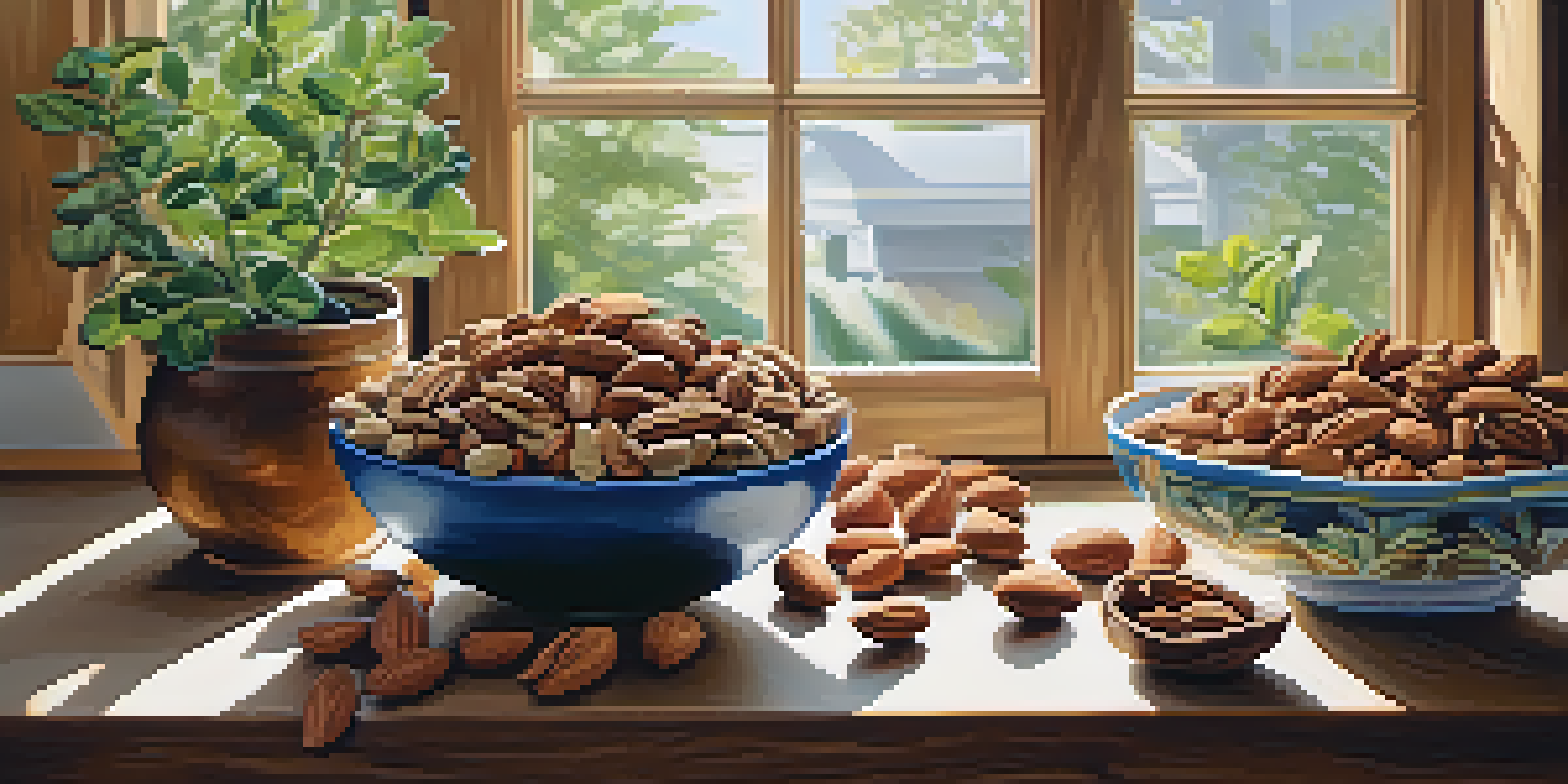 A kitchen countertop with various raw nuts in decorative bowls, illuminated by soft natural light, and a small potted plant nearby.