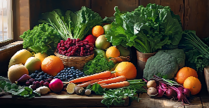 An assortment of fresh raw foods including leafy greens, colorful vegetables, and berries displayed on a wooden table, illuminated by natural sunlight.