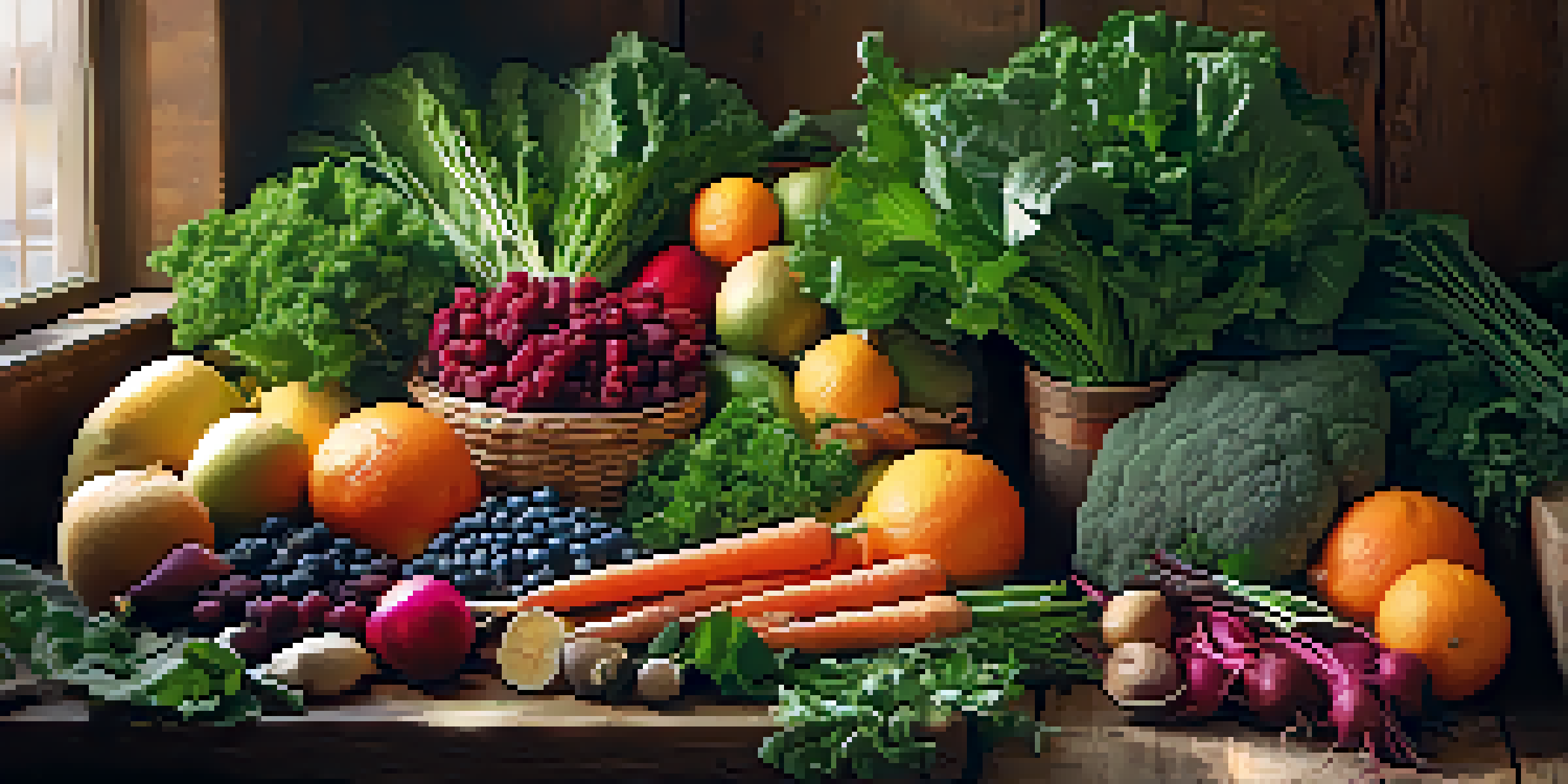 An assortment of fresh raw foods including leafy greens, colorful vegetables, and berries displayed on a wooden table, illuminated by natural sunlight.