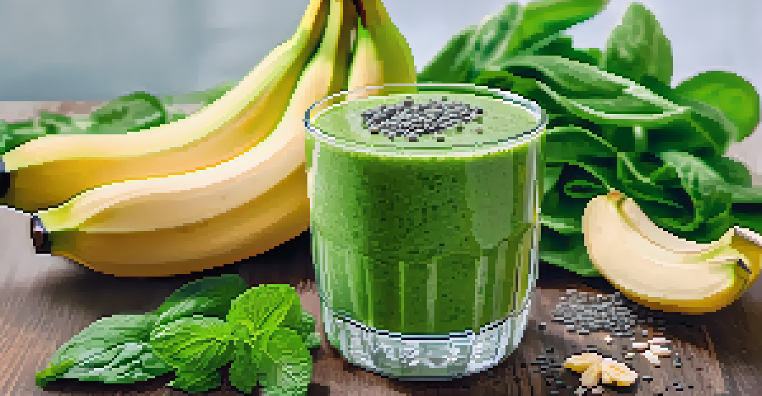 A close-up of a green smoothie in a glass, garnished with banana and mint, with fresh produce in the background.