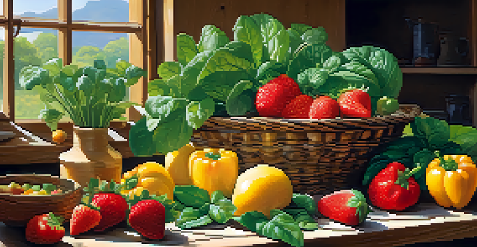 A colorful arrangement of fresh fruits and vegetables on a wooden table in a rustic kitchen, illuminated by natural sunlight.