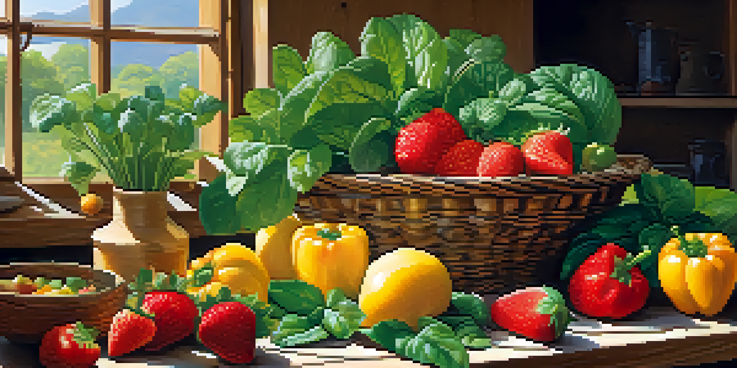 A colorful arrangement of fresh fruits and vegetables on a wooden table in a rustic kitchen, illuminated by natural sunlight.