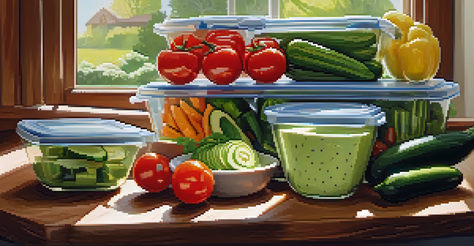 A meal prep container with colorful raw vegetables and avocado dip on a wooden table, illuminated by sunlight.