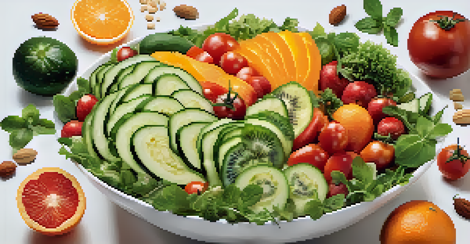 A beautiful raw food salad in a bowl with various colorful vegetables and fruits, viewed from above against a white background.