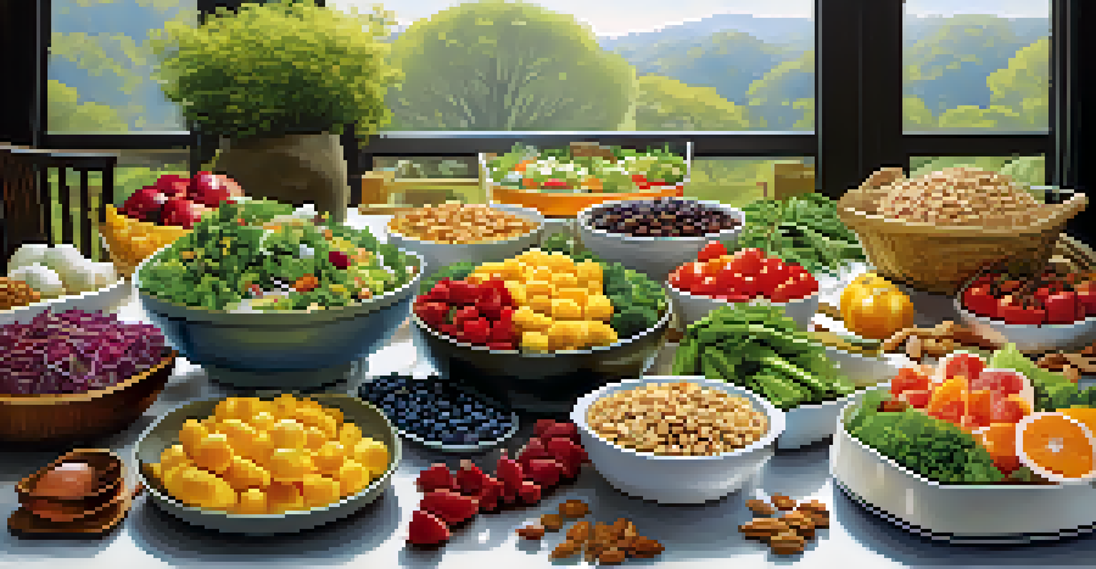 A balanced meal display featuring both raw salads and fruits alongside warm cooked vegetables and grains, set outdoors in natural light.