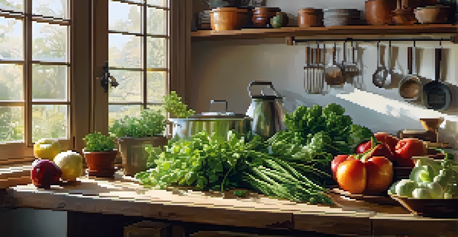 A cozy kitchen with fresh herbs and vegetables on a wooden counter, illuminated by sunlight.