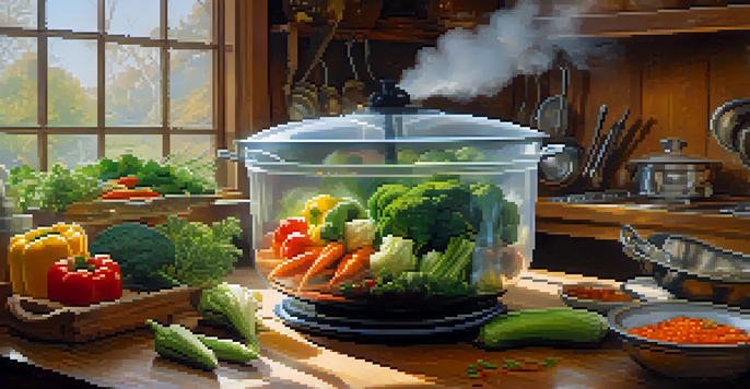 A colorful array of fresh vegetables being steamed in a glass steamer in a bright kitchen, with sunlight streaming in.