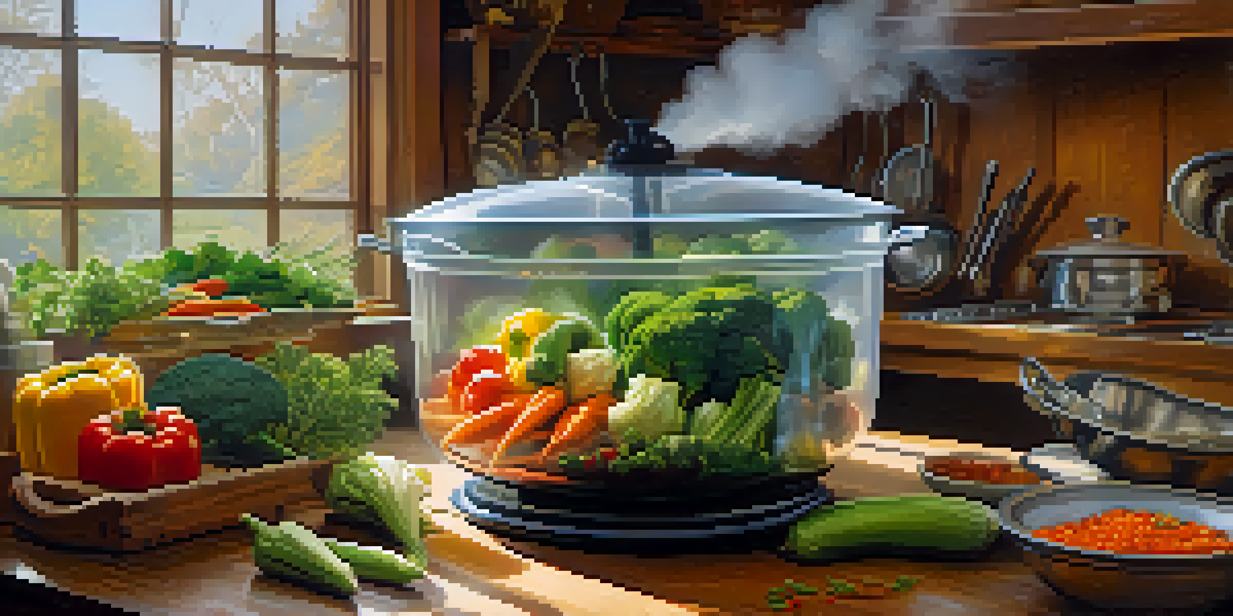 A colorful array of fresh vegetables being steamed in a glass steamer in a bright kitchen, with sunlight streaming in.