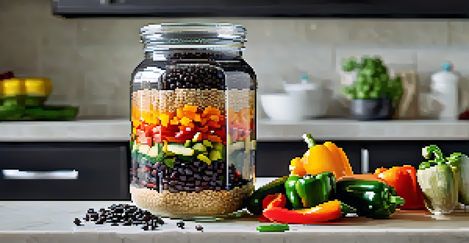 A clear jar filled with layers of quinoa, black beans, and colorful bell peppers, set on a kitchen counter with natural light.