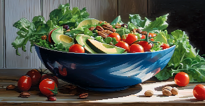 A colorful salad bowl containing leafy greens, cherry tomatoes, avocado slices, and nuts, placed on a rustic wooden table with natural light.