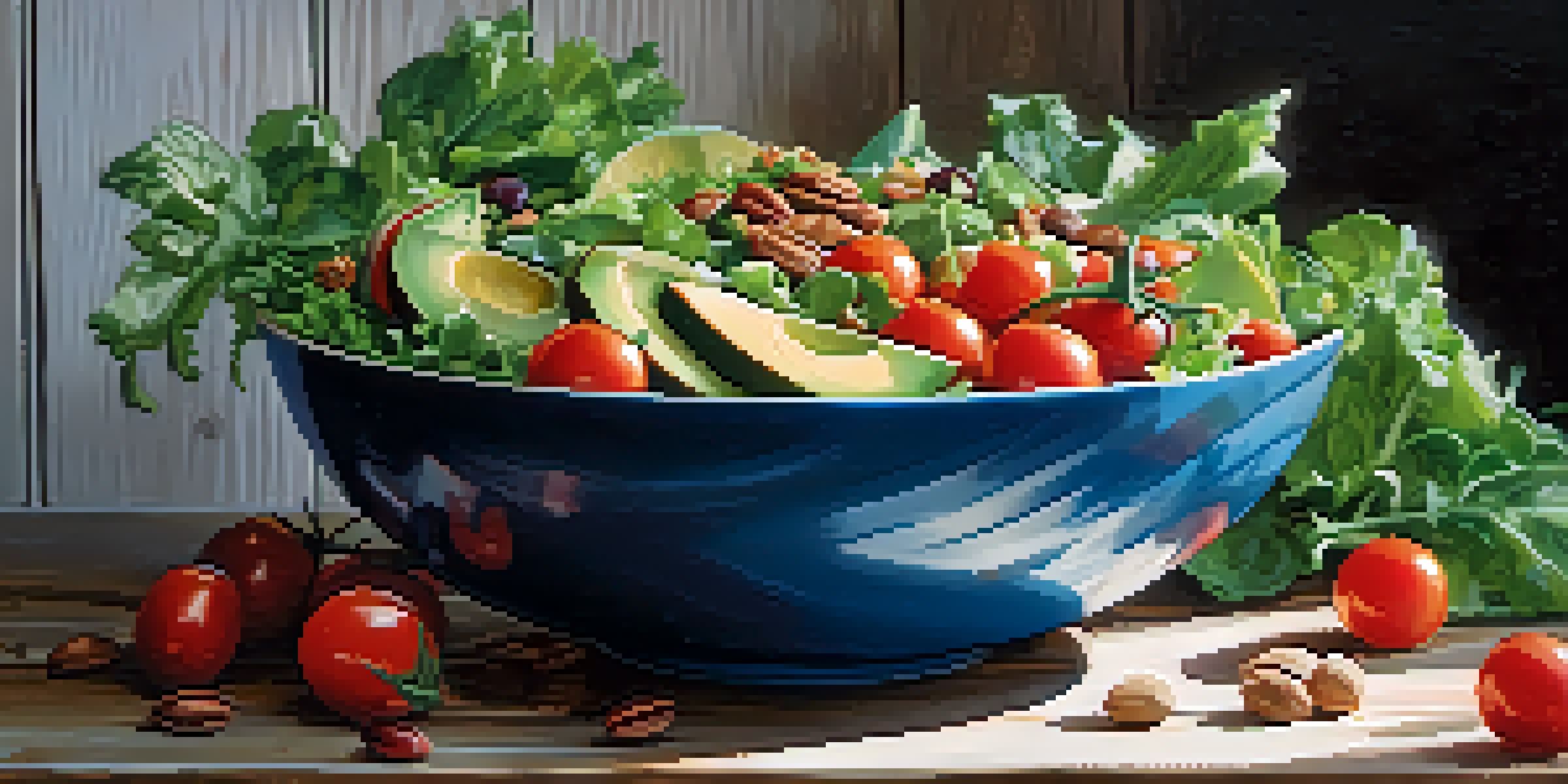 A colorful salad bowl containing leafy greens, cherry tomatoes, avocado slices, and nuts, placed on a rustic wooden table with natural light.