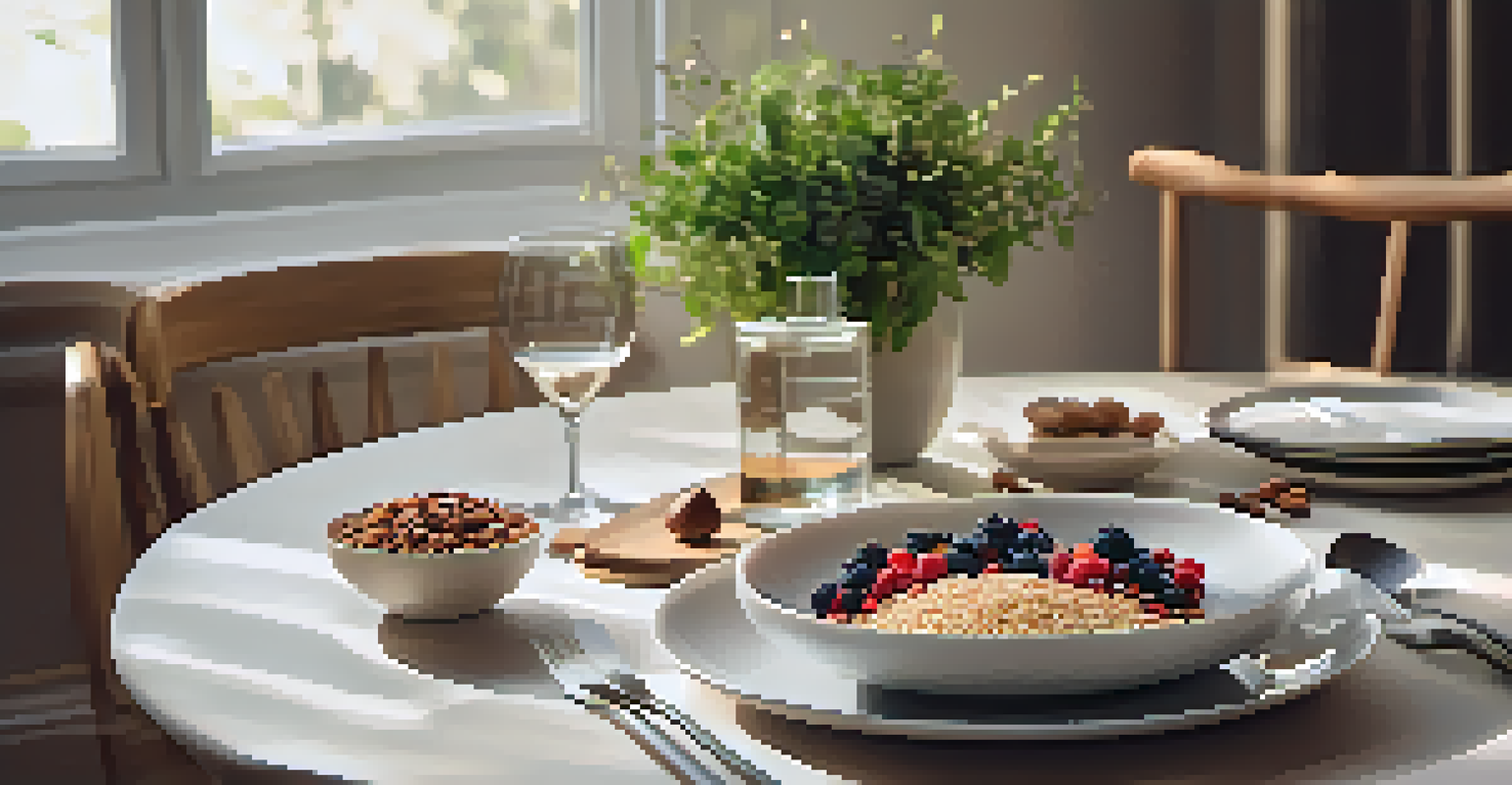 A minimalist dining table with a clock and a plate of raw food, set in a warm and cozy ambiance.