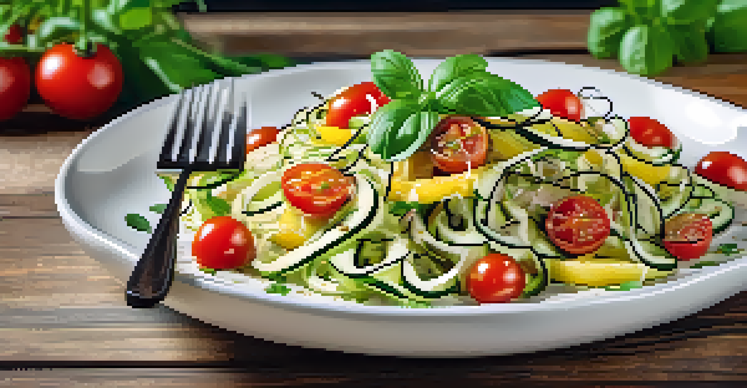A colorful raw zucchini salad with cherry tomatoes, basil, and sunflower seeds, beautifully arranged on a wooden table.