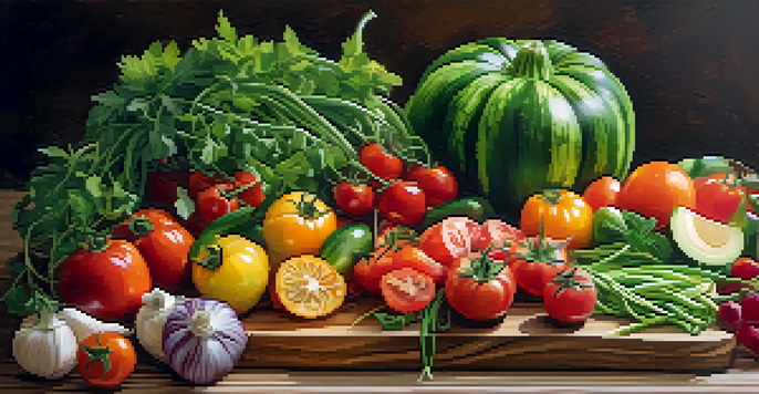 A colorful raw food platter with heirloom tomatoes, zucchini noodles, and fresh herbs on a wooden board, illuminated by soft lighting.