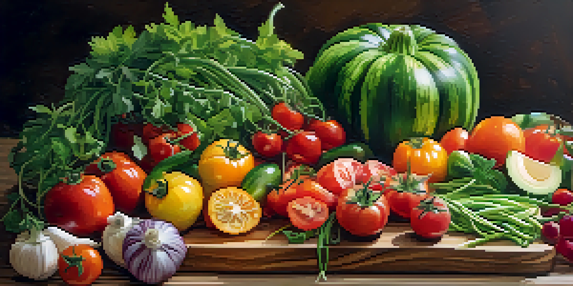 A colorful raw food platter with heirloom tomatoes, zucchini noodles, and fresh herbs on a wooden board, illuminated by soft lighting.