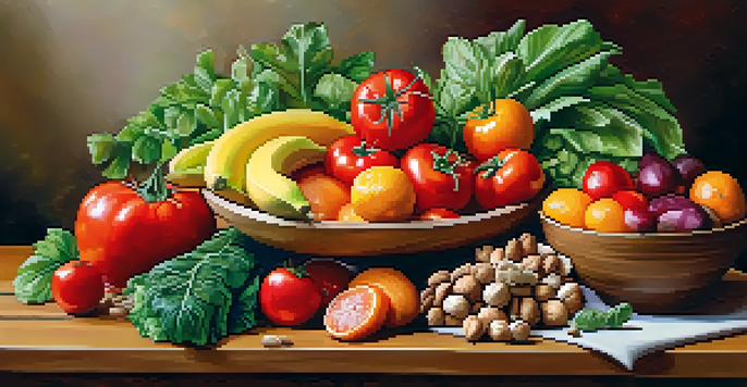 A colorful display of fresh raw fruits and vegetables on a wooden table, illuminated by soft natural light.