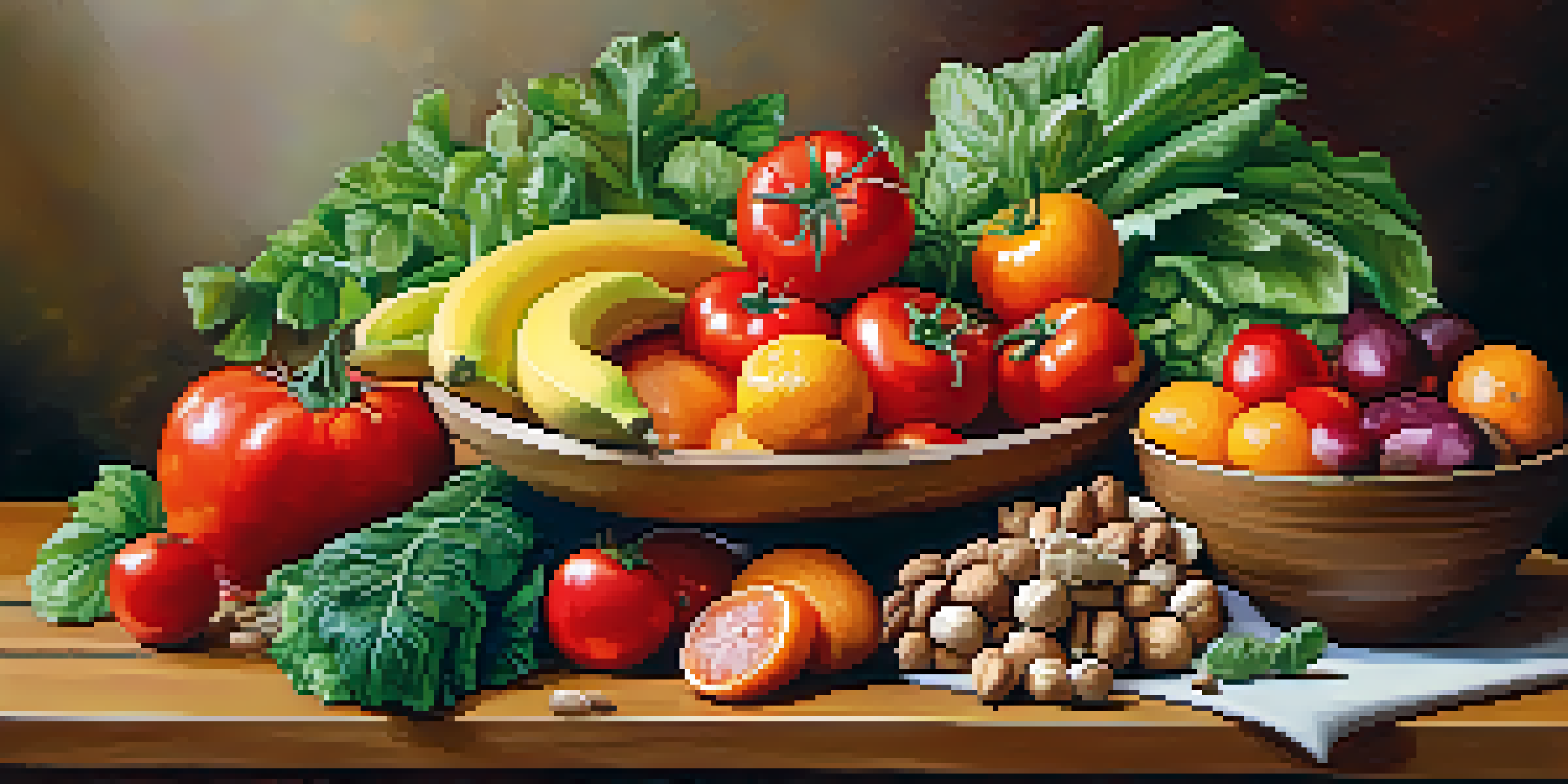 A colorful display of fresh raw fruits and vegetables on a wooden table, illuminated by soft natural light.